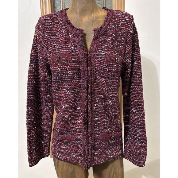 J.Jill Tweed Cardigan Women’s Medium Cranberry Fringed Knit Blazer Jacket - Picture 1 of 9